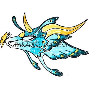 May include: A digital illustration of a dragon's head, featuring a color palette of turquoise, yellow, and black. The dragon has large, stylized horns and wings. A yellow butterfly is perched near the dragon's snout. The text "PARADISE DRAGONS" is written across the dragon's face.