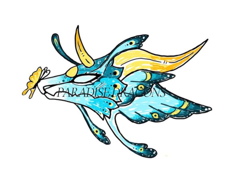 May include: A digital illustration of a dragon's head, featuring a color palette of turquoise, yellow, and black. The dragon has large, stylized horns and wings. A yellow butterfly is perched near the dragon's snout. The text "PARADISE DRAGONS" is written across the dragon's face.