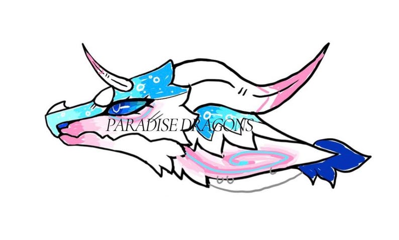 May include: A stylized illustration of a dragon's head, featuring a white body with blue and pink accents. The dragon has horns, blue eyes, and the text "PARADISE DRAGONS" is visible.