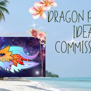 Może przedstawiać: Cyfrowa ilustracja stylizowanej głowy smoka z pomarańczowym, niebieskim i fioletowym futrem na tle galaktyki. Tekst DRAGON PUPPET IDEA COMMISSIONS jest napisany ciemnozieloną kursywą i ozdobiony różowymi oraz białymi kwiatami tropikalnymi.