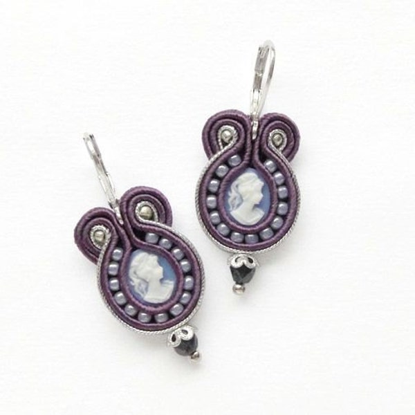 Cameo Earrings Purple Earrings Romantic Earrings Soutache Earrings Purple Earings Purple and Blue Wedding Cameo Silhouette Earrings