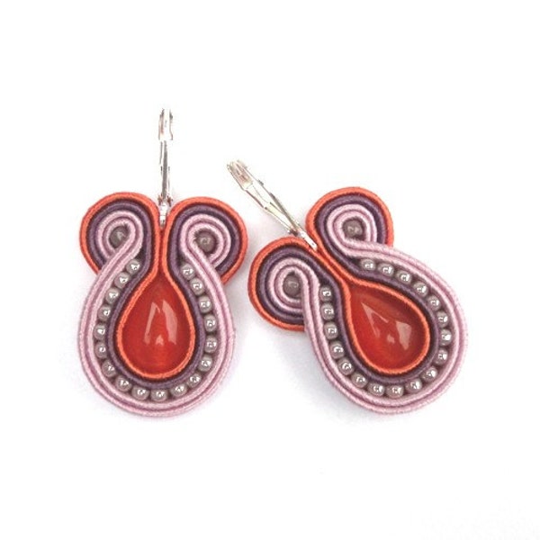 Bold neon soutache hand embroidered earrings, tangerine tango, purple