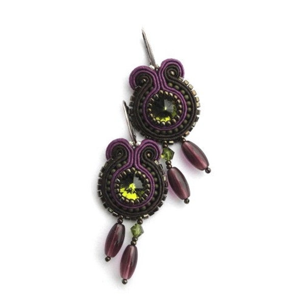 Big statement earrings, OOAK, brown, purple, green, Swarovski, soutache earrings