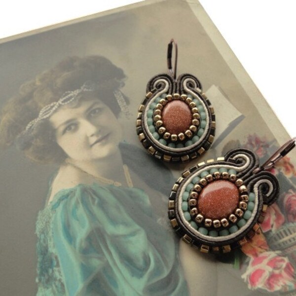 Goldstone hand embroidered soutache earrings sparkly glittery retro earrings mint grean brown bronze earrings