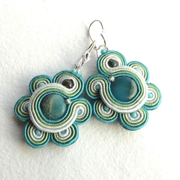 Soutache earrings, beaded earrings with green, blue and turquoise strips and beads