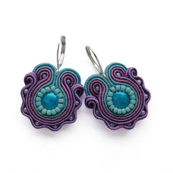 Turquoise and Purple Earrings Soutache Earring Violet Earrings Turquoise Earring Turquoise Jewelry Soutache Embroidery Soutache Embroidered