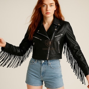 Women’s Fringe Leather Jacket | Black Sheep Leather Biker Jacket | Western Festival Fringe Coat | Handmade Custom Fit Boho Leather Jacket