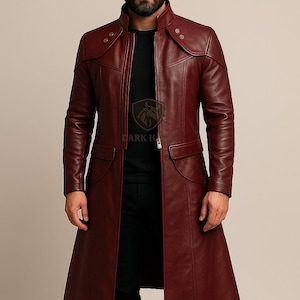 Red Leather Long Coat | Genuine Leather Trench Coat | Full Length Cowhide Duster, Handmade Gothic Steampunk Overcoat, Men’s Leather Overcoat