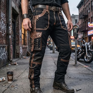 May include: Black pants featuring brown leather-like trim, multiple cargo pockets with buckles, side lacing details, and a matching belt. The pants include metal hardware, D-rings, and a small chain accent on the lower leg, paired with dark boots.