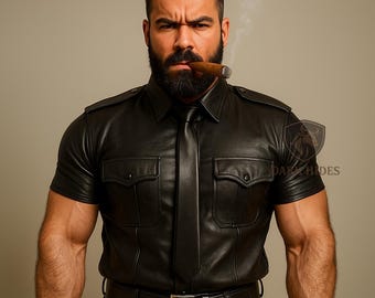 Men’s Black Leather Uniform Set | Mens Leather Pants and Shirt | Police Fetish Costume | Biker Leather Outfit | Custom Cowhide Uniform