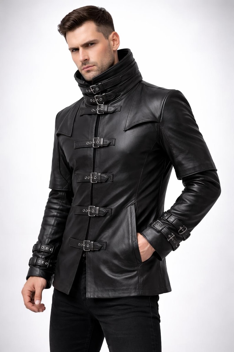 Handmade Mens Leather Jacket Gothic Military Leather Jacket Buckle Closure Genuine Cow Leather Steampunk Leather Jacket Renfaire Jacket Mens image 1