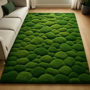 3D Tufted Moss Rug: Handmade Green Textured Carpet