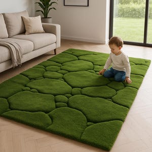 3D Tufted Moss Rug: Handmade Green Textured Carpet