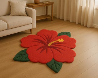 Red Hibiscus Flower Rug: Tropical Plush Carpet