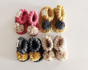 Momoko Booties | Wool Booties | Newborn | Crochet Booties | Little Shoes | Superwash Merino Wool, Peruvian Pima Cotton | Pom Pon Booties