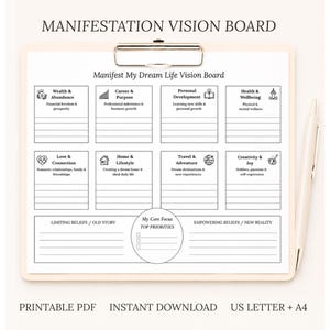 May include: A white paper manifestation vision board template on a light wood clipboard with a matching pen. The document features sections for wealth, career, personal development, health, love, home, travel, and creativity, plus a core focus area.