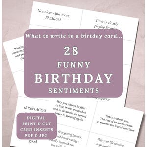 May include: A collection of printable birthday card inserts with 28 funny birthday sentiments. The design includes a central purple square with white text, surrounded by individual cards with various phrases. The words "DIGITAL PRINT & CUT CARD INSERTS PDF & JPG" are also visible.