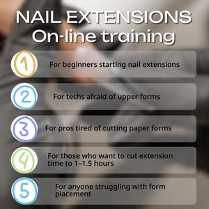 May include: Image promoting online nail extension training. The text reads "NAIL EXTENSIONS On-line training." Bullet points include topics for beginners, techs, pros, time-saving, and form placement. The background is blurred.