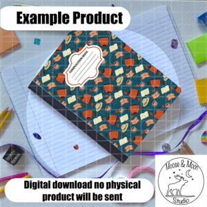 May include: A composition book with a teal cover featuring a pattern of books, hats, and mugs. The label reads "COMPOSITION BOOK." The text "Example Product" is at the top. The text "Digital download no physical product will be sent" is at the bottom.