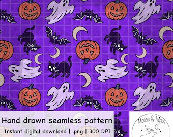 Halloween Seamless Pattern PNG | Ghost Moon Black Cat Pumpkin Bat | 13x13” 300DPI Digital Download for Vinyl, Fabric, Sublimation, Crafts
