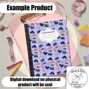 May include: A composition book with a light purple cover featuring a pattern of green coffee cups, blueberries, and paintbrushes. The text "COMPOSITION BOOK" is on the cover. The text "Example Product" is at the top.