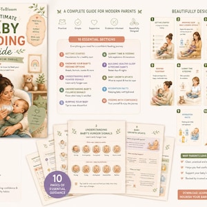 May include: A digital baby feeding guide titled The Ultimate Baby Feeding Guide, featuring ten essential sections, illustrated pages with parenting advice, and instructional content on infant nutrition, growth, and development for modern parents.