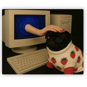 May include: A black pug wearing a white sweater with red strawberry designs. A hand with red nail polish emerges from a computer screen, petting the dog. A keyboard and computer tower are also visible.