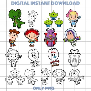 May include: Digital instant download featuring colorful cartoon character illustrations. Includes a green dinosaur, a cowboy, aliens, and other characters. The text "DIGITAL INSTANT DOWNLOAD" and "ONLY PNG" are visible.