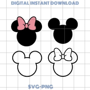 May include: Digital instant download featuring four Mickey Mouse head designs. Two are solid black, one with a pink bow. The other two are outlines, one with a bow. The text "DIGITAL INSTANT DOWNLOAD" and "SVG-PNG" are at the top and bottom.