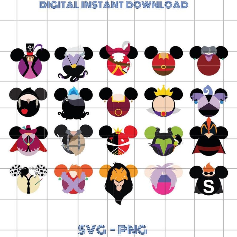 K&ouml;nnte beinhalten: Digitaler Sofort-Download mit einem Raster von Cartoon-Charakter-Designs. Jedes Design ist ein stilisierter Kopf mit Micky-Maus-Ohren, der an Disney-B&ouml;sewichte erinnert. Die Designs sind in verschiedenen Farben und Stilen gehalten, mit dem Text "DIGITALER SOFORT-DOWNLOAD" und "SVG - PNG".