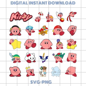 以下が含まれることがあります： SVGおよびPNG形式のさまざまなカービィキャラクターデザインのデジタルインスタントダウンロード。画像には、さまざまなポーズやコスチュームの複数のピンク色のカービィキャラクターと、カービィのロゴが描かれています。「デジタルインスタントダウンロード」と「SVG-PNG」の文字も表示されています。