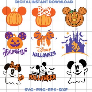 May include: Digital instant download of Halloween-themed designs. Includes orange pumpkin designs with mouse ears, a castle silhouette, and ghost characters. Text includes "Halloween" and "Disney Halloween". Formats: SVG, PNG, EPS, and DXF.