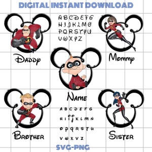May include: Digital instant download featuring cartoon characters from The Incredibles family. Includes images of Daddy, Mommy, Brother, Sister, and baby Jack-Jack, along with the alphabet. The characters are in red and black.