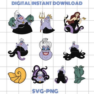 May include: Digital instant download featuring cartoon illustrations of Ursula from The Little Mermaid. The images include Ursula with her eels, holding a trident, and in various poses. The text "DIGITAL INSTANT DOWNLOAD" and "SVG-PNG" are also present.