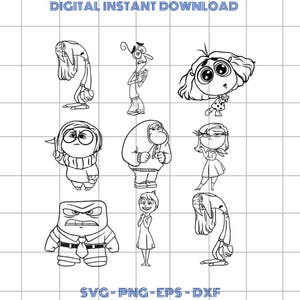 May include: Black and white line art of characters from the animated movie Inside Out. The image includes characters representing emotions such as Sadness, Fear, Joy, Anger, and Disgust. Text at the top reads "DIGITAL INSTANT DOWNLOAD" and at the bottom "SVG - PNG - EPS - DXF".