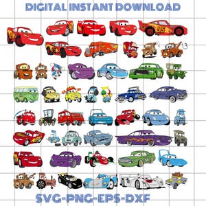 Op de afbeelding: Een digitale download met een verzameling cartoonauto-illustraties in verschillende kleuren en ontwerpen. De afbeelding bevat de tekst "DIGITALE DIRECTE DOWNLOAD" en "SVG-PNG-EPS-DXF".