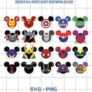 Pode incluir: Uma coleção de designs de cabeça do Mickey Mouse com tema de super-heróis. Cada design apresenta um personagem diferente, incluindo Homem de Ferro, Capitão América e Homem-Aranha. As palavras "DOWNLOAD DIGITAL INSTANTÂNEO" e "SVG - PNG" são visíveis.
