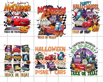 Puede incluir: Descarga digital instantánea con seis diseños temáticos de Halloween. Los diseños muestran a Rayo McQueen y otros personajes de Cars con disfraces espeluznantes. El texto incluye "Truck or Treat", "Halloween" y "Disney Cars."