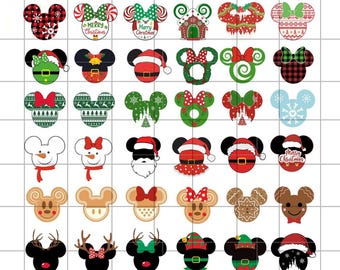 May include: A digital download graphic featuring various Mickey Mouse head designs with Christmas themes. Designs include Santa hats, gingerbread, and festive patterns in red, green, and white. Text includes "DIGITAL INSTANT DOWNLOAD" and "Merry Christmas".