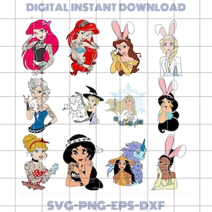 Punk Rock Princess Svg Bundle, Princess Tatoo Png, Princess Easter Clipart, Disney Princess Digital File, Ariel Moana Elsa Cinderella