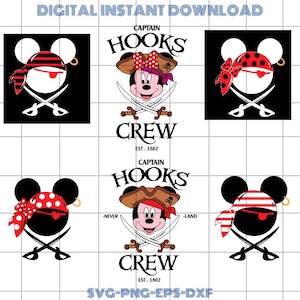 May include: Digital instant download featuring pirate-themed Mickey Mouse and Minnie Mouse designs. The designs include pirate hats, eye patches, crossed swords, and the text "Captain Hooks Crew Est. 1802". Available in SVG, PNG, EPS, and DXF formats.