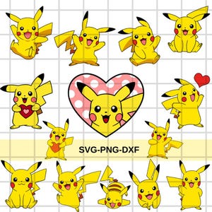 May include: A collection of yellow Pikachu character illustrations in various poses. Some hold hearts, and one is inside a pink heart with white polka dots. The text "SVG-PNG-DXF" is also present.