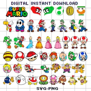 May include: A digital download graphic featuring various Super Mario characters and icons. The image includes Mario, Luigi, Yoshi, Princess Peach, and other recognizable elements from the video game series. The text "DIGITAL INSTANT DOWNLOAD" and "SVG-PNG" are also present.