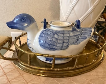 Charming Blue and White Porcelain Duck Tureen - Vintage Chinoiserie Bird Dish