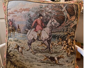 Cojín decorativo con tapiz de caza del zorro vintage / Cojín decorativo con escena ecuestre