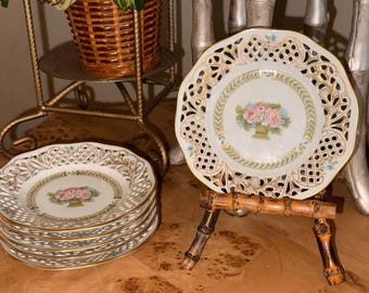 Set of 6 Reticulated Porcelain Plates | Floral Pierced Rim Dessert Plates, Japan