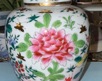Tarro de jengibre de cerámica floral vintage / Decoración chinoiserie de peonía pintada a mano