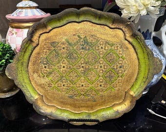 Bandeja florentina vintage de hojalata / Bandeja de servir ornamentada en verde y dorado
