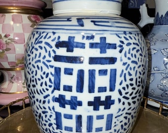 Blue White Double Happiness Ginger Jar | Chinoiserie Porcelain Vase, Asian Decor