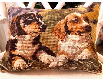 Cojín decorativo de lana con bordado de perro Spaniel de caza estilo vintage